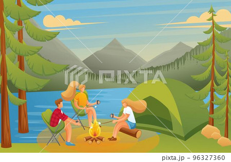 Group of young people at a camping, sitting near a fire in the woods.. Flat 2D character Group of young people at a camping, sitting near a fire in the woods.. Flat 2D character 96327360
