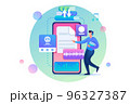 Young man enjoys his electronic library, downloaded new e-books. Flat 2D character. Concept for web design 96327387