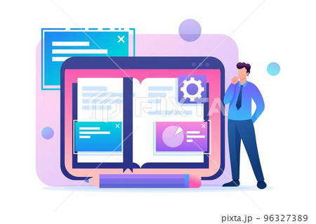 Young man studies the materials of the lessons in electronic form. Flat 2D character. Concept for web design 96327389