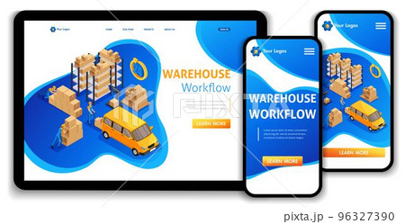 Website Template Landing page Isometric concept warehouse workflow, Warehouse Logistic, trucking, support 24 7. Easy to edit and customize, adaptiive ui ux 96327390