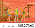 Young people actively spend holidays, Nordic walking in the forest at sunset. Vector illustration. Flat 2D character 96327393