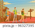 Young people actively spend holidays, Nordic walking in the woods. Flat 2D character. Concept for web design 96327395