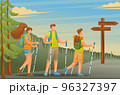 Young people actively spend holidays, Nordic walking in the woods. Vector illustration. Flat 2D character 96327397
