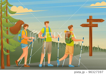 Young people actively spend holidays, Nordic walking in the woods. Vector illustration. Flat 2D character Young people actively spend holidays, Nordic walking in the woods. Vector illustration. Flat 2D character 96327397