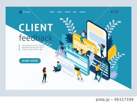 Website Template Landing page Isometric concept young entrepreneurs, customer Reviews and comments. Easy to edit and customize 96327398