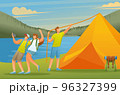 Young people actively spend their holidays in the forest, setting up a tent on the lake. Vector illustration. Flat 2D character 96327399