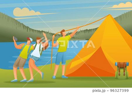 Young people actively spend their holidays in the forest, setting up a tent on the lake. Vector illustration. Flat 2D character Young people actively spend their holidays in the forest, setting up a tent on the lake. Vector illustration. Flat 2D character 96327399