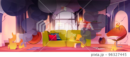 House room in fire. Flame and black smoke clouds 96327445