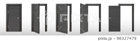 Realistic set of open and closed black wooden door Realistic set of open and closed black wooden door 96327479
