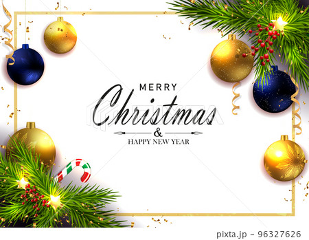 Festive white card with frame and Christmas garland and balls 96327626