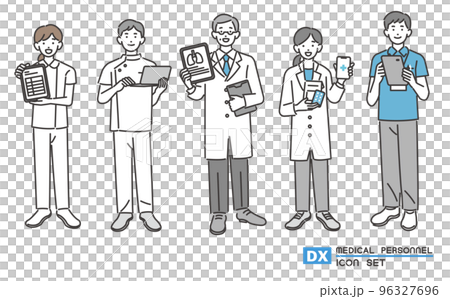 DX推進でタブレットやパソコンを持つ、福祉、医療従事者の人物のベクターイラスト素材／医者／看護師 96327696