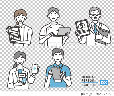 手持平板電腦和個人電腦的福利和醫務工作者的矢量插圖素材，帶有 DX 推廣/醫生/護士 96327699
