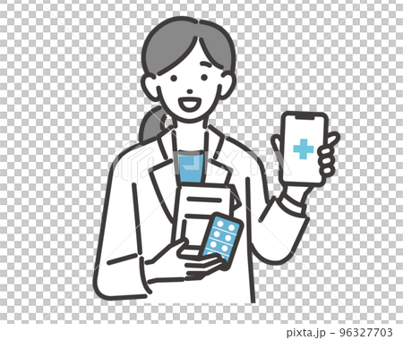 Vector illustration material of a pharmacist who recommends digitizing medicine notebooks by promoting DX / doctor / nurse Vector illustration material of a pharmacist who recommends digitizing medicine notebooks by promoting DX / doctor / nurse 96327703