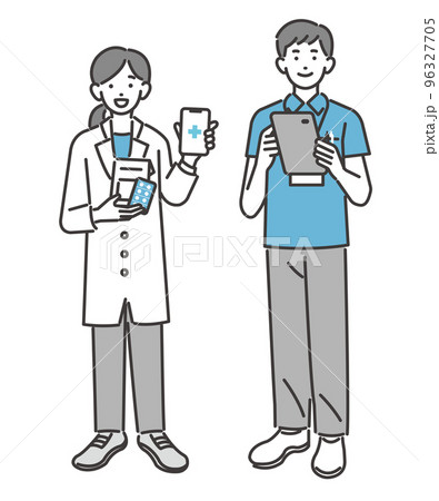 DX推進でスマホをもって説明をする薬剤師や、福祉、医療従事者の人物のベクターイラスト素材/医者/看護 DX推進でスマホをもって説明をする薬剤師や、福祉、医療従事者の人物のベクターイラスト素材/医者/看護 96327705
