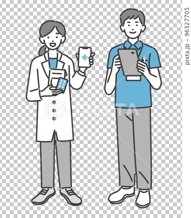 DX推進でスマホをもって説明をする薬剤師や、福祉、医療従事者の人物のベクターイラスト素材/医者/看護 DX推進でスマホをもって説明をする薬剤師や、福祉、医療従事者の人物のベクターイラスト素材/医者/看護 96327705