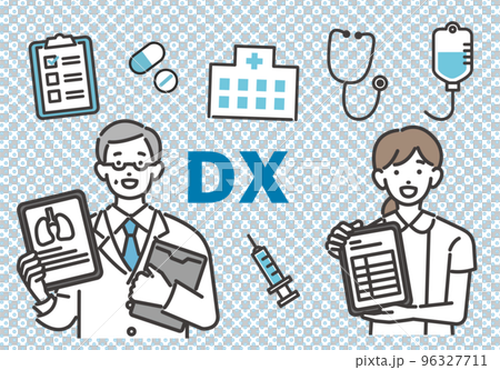 手持平板電腦和個人電腦的福利和醫務工作者的矢量插圖素材,帶有 DX 推廣/醫生/護士 手持平板電腦和個人電腦的福利和醫務工作者的矢量插圖素材,帶有 DX 推廣/醫生/護士 96327711