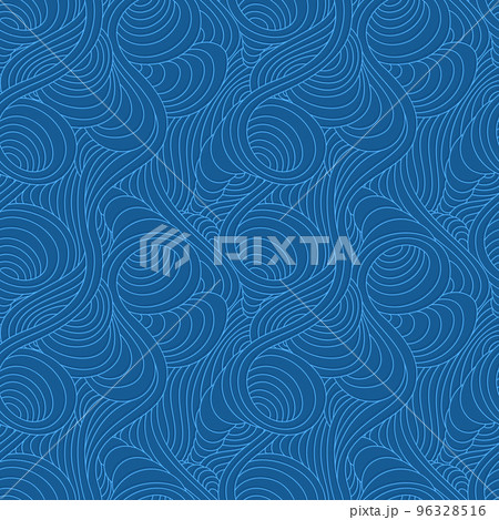Seamless vector linear pattern of blue smooth lines of spirals and swirls. Marine seamless texture of thin graceful lines and arcs. 96328516