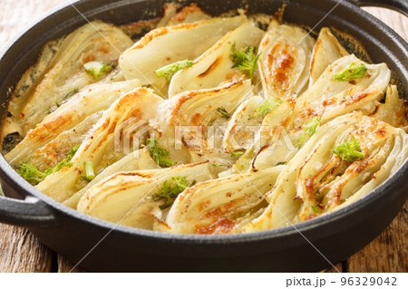 Italian food Parmesan Fennel Gratin closeup on the pan. Horizontal 96329042