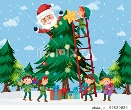 Children in elf costume and Santa Claus decorating Christmas tree Children in elf costume and Santa Claus decorating Christmas tree 96329626