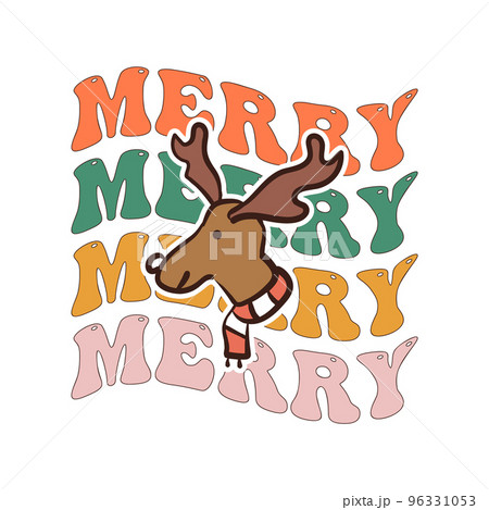 Groovy Christmas print with cute reindeer and quote-merry merry merry. Retro Christmas graphics. Stock vector clipart 96331053