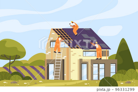 Builders or roofers install the roof tiles, vector Builders or roofers install the roof tiles, vector 96331299