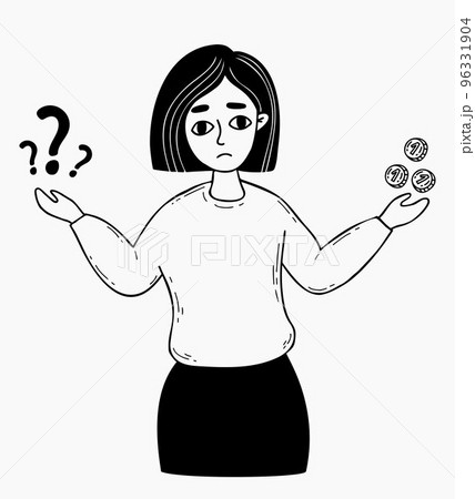 Portrait of pensive person. Sad woman makes her choice between money and question and makes decision. Vector illustration. linear hand drawn doodle. Problem solving concept and sad woman Portrait of pensive person. Sad woman makes her choice between money and question and makes decision. Vector illustration. linear hand drawn doodle. Problem solving concept and sad woman 96331904