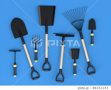 Garden shovel, pitchfork and rake on blue background, summer camping concept 96332143