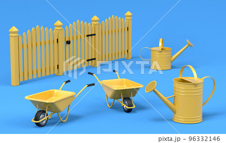 Garden wheelbarrow with garden tools like shovel, rake and fork on blue. 96332146