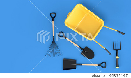 Garden wheelbarrow with garden tools like shovel, rake and fork on blue. 96332147