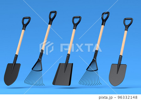Garden shovel, pitchfork and rake on blue background, summer camping concept 96332148