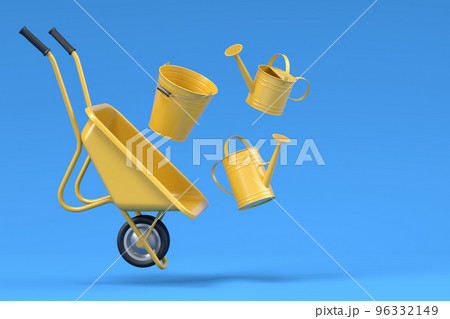 Garden wheelbarrow with garden tools like water can, rake and bucket on blue. Garden wheelbarrow with garden tools like water can, rake and bucket on blue. 96332149