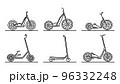 Set of flat design images of step scooters drawn in art line style. 96332248