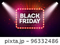 Black Friday Sale Illustration with Glowing Light Bulb Billboard on Dark Background. Vector New Year and Christmas Design Template for Greeting Card, Flyer, Banner, Celebration Poster or Party 96332486