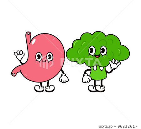 Cute, funny happy stomach and broccoli character. Vector hand drawn cartoon kawaii characters, illustration icon. Funny cartoon stomach and broccoli friends concept 96332617