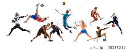 Collage. Different people, sportsmen in action, playing, training isolated over white background. Basketball, football, tennis, rhythmic gymnast, volleyball 96333211