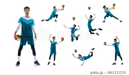 Collage of movements. Young man, volleyball player in motion, training, playing isolated over white background. Bumping ball in jump 96333220