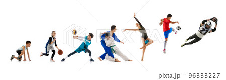 Collage of movements of young professional athletes in motion, training isolated over white background. 96333227