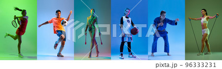 Collage. Full-length portraits of young sportive people training over multicolored background 96333231