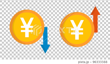 弱日元和強日元圖標集。日元價格上漲，日元價格下跌。向量。 96333388