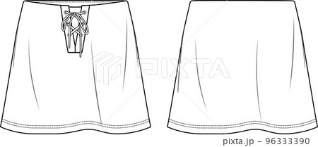 Vector mini skirt fashion CAD, woman a shape skirt with eyelets detail sketch, template, flat, technical drawing. Jersey or woven fabric skirt with front, back view, white color Vector mini skirt fashion CAD, woman a shape skirt with eyelets detail sketch, template, flat, technical drawing. Jersey or woven fabric skirt with front, back view, white color 96333390