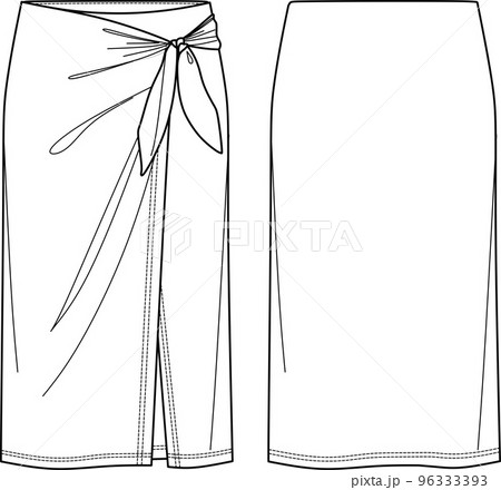 Vector midi skirt with bow detail fashion , woman jersey or woven fabric wrap skirt technical drawing, flat, sketch, mock up. Front back view, white color Vector midi skirt with bow detail fashion , woman jersey or woven fabric wrap skirt technical drawing, flat, sketch, mock up. Front back view, white color 96333393