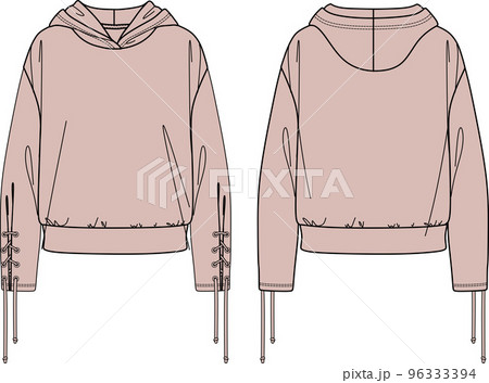 Vector lounge hooded sweatshirt fashion CAD, sport woman long sleeved sweatshirt with eyelets detail technical drawing, template, sketch, flat. Jersey or woven fabric hoody with front,back view, white Vector lounge hooded sweatshirt fashion CAD, sport woman long sleeved sweatshirt with eyelets detail technical drawing, template, sketch, flat. Jersey or woven fabric hoody with front,back view, white 96333394
