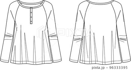 Vector fashion CAD t-shirt with button details, women long sleeved A shape blouse sketch, women round neck top technical drawing, sketch, flat. Jersey blouse with front, back view, white color Vector fashion CAD t-shirt with button details, women long sleeved A shape blouse sketch, women round neck top technical drawing, sketch, flat. Jersey blouse with front, back view, white color 96333395