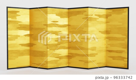 雲模様と黒い縁取りの6曲（6枚）金屏風の3Dレンダリング 96333742