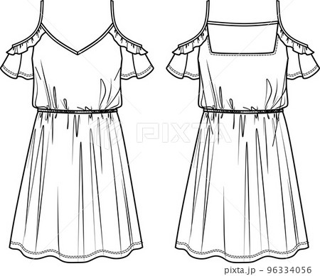 Free art print of Girls' Long Peasant Dress, flat sketch fashion template.  Technical Fashion Illustration. Empire Waist Dress. Puff Sleeves.  Seersucker Detail at front | FreeArt | fa90561342
