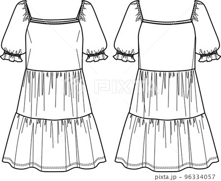 Vector short sleeve square neck mini dress technical drawing, woman tired dress with frill detail fashion CAD, sketch, template, flat. Jersey or woven fabric dress with front, back view, white color Vector short sleeve square neck mini dress technical drawing, woman tired dress with frill detail fashion CAD, sketch, template, flat. Jersey or woven fabric dress with front, back view, white color 96334057