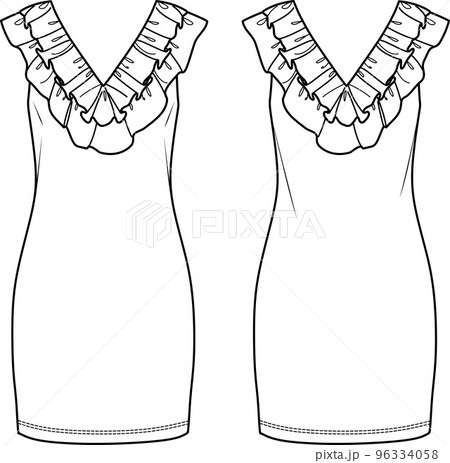 Vector woman summer dress fashion CAD, sleeveless dress with frills technical drawing, template, flat, sketch. Jersey or woven fabric dress with front, back view, white color Vector woman summer dress fashion CAD, sleeveless dress with frills technical drawing, template, flat, sketch. Jersey or woven fabric dress with front, back view, white color 96334058