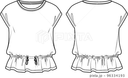 Vector sleeveless T-Shirt fashion CAD, woman round neck top with elasticized waistband technical drawing, template, flat, sketch. Jersey or woven fabric blouse with front, back view, white color 96334193