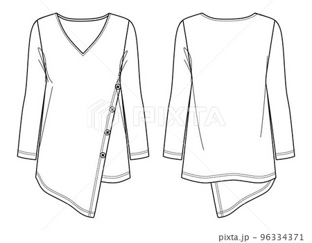 Vector V neck asymmetric blouse fashion CAD, woman oversized top with button details technical drawing, template, sketch, flat. Jersey or woven fabric blouse with front, back view, white color 96334371