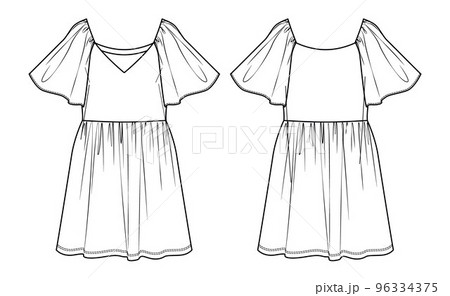 Vector dress sketch, V-neck dress technical drawing, fashionable short sleeved women CAD, flat, mini dress with ruffles. Jersey or woven fabric dress with front, back view, white color 96334375